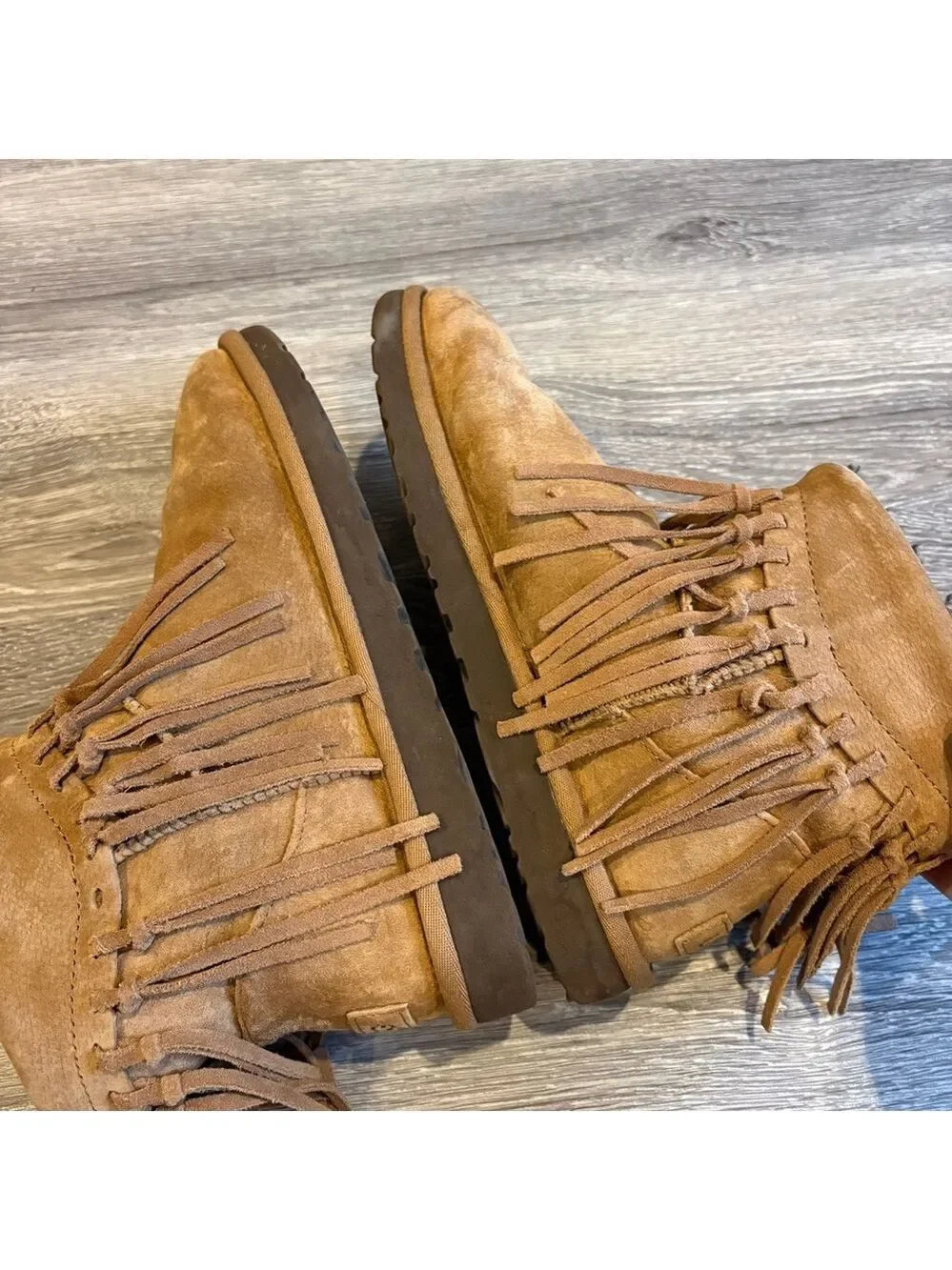 UGG Chestnut Suede Shearling-Lined Fringe Ankle Boots Size 9